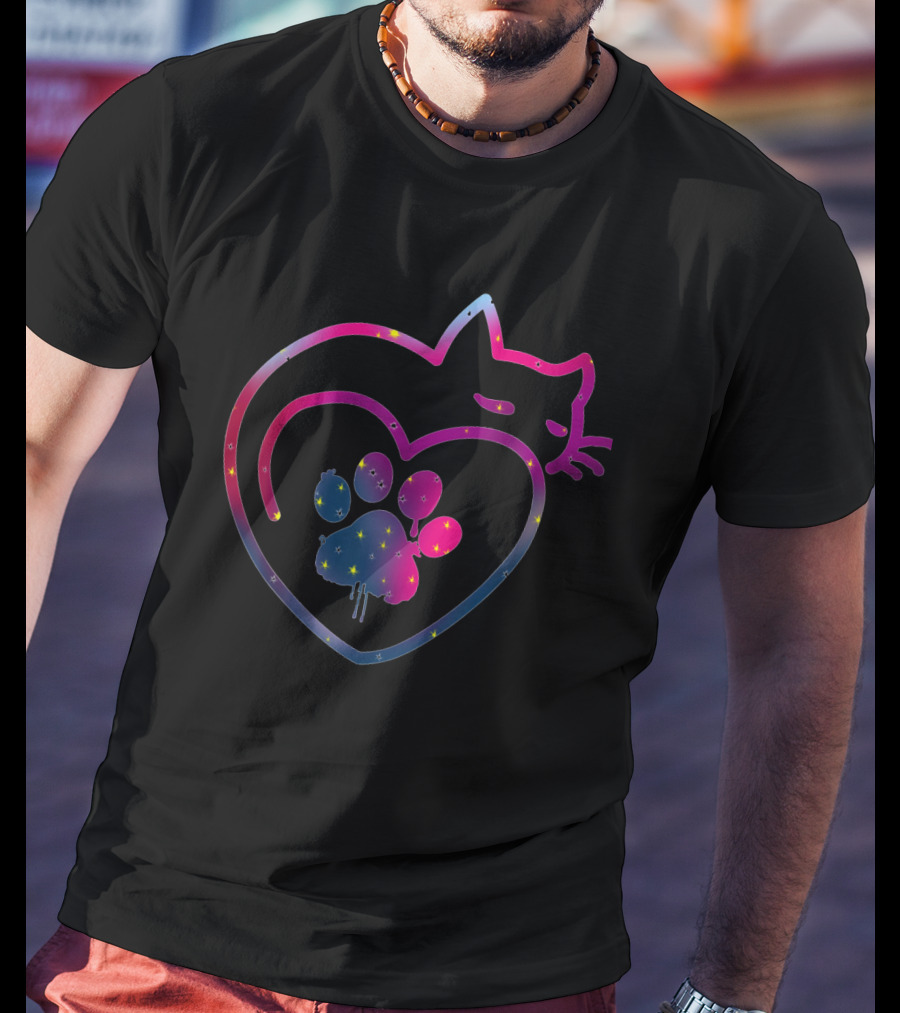 Cute Colorful Cat And Paw Heart Design For Kitty Lovers T-Shirt