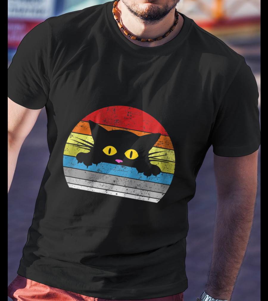 Vintage Rainbow Cat Peeking Retro 80s Style For Cat Lovers T-Shirt