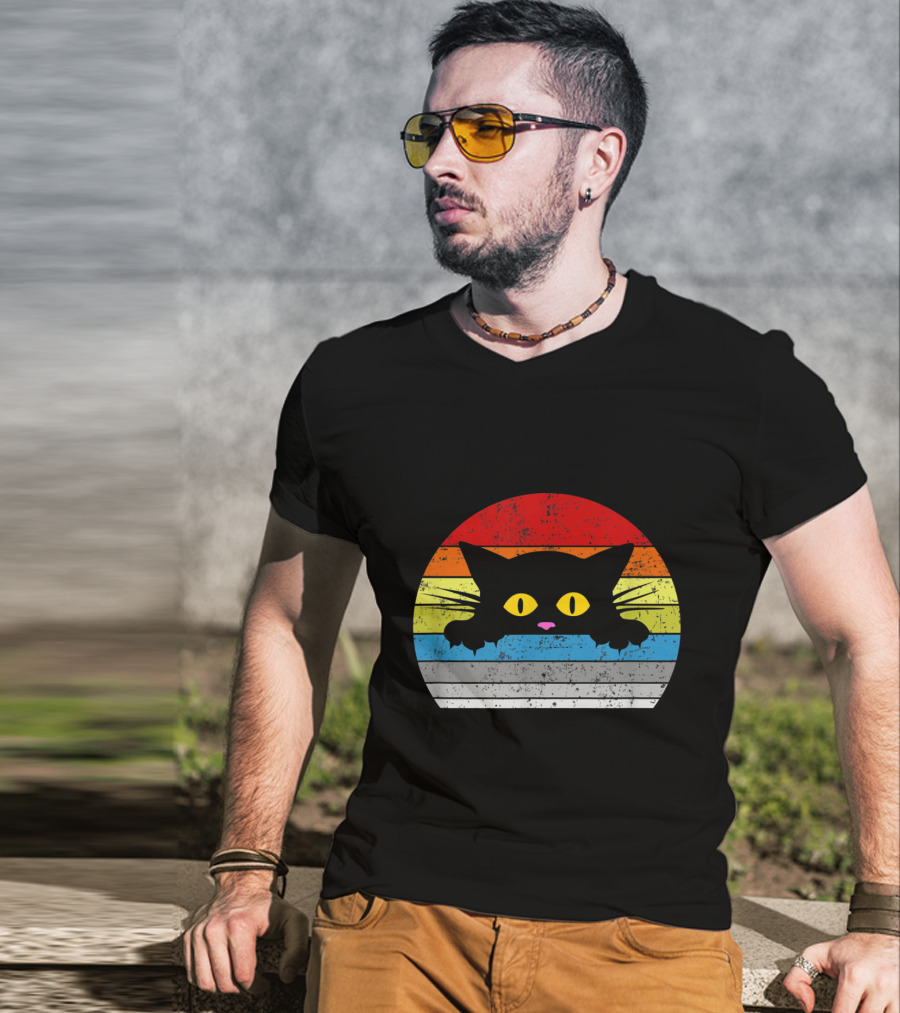 Vintage Rainbow Cat Peeking Retro 80s Style For Cat Lovers T-Shirt
