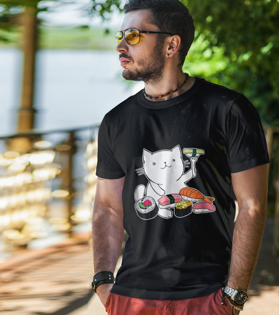 Playful Cat Enjoying Colorful Sushi Plate T-Shirt