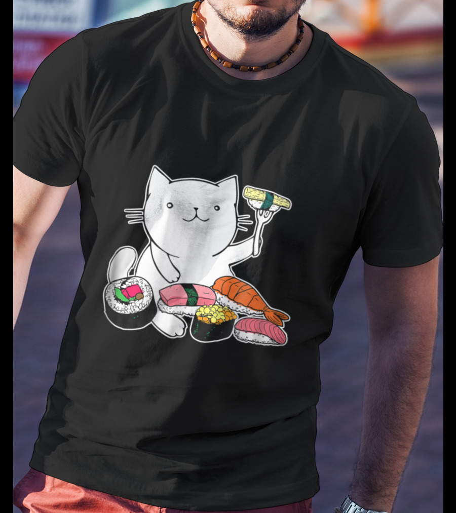 Playful Cat Enjoying Colorful Sushi Plate T-Shirt