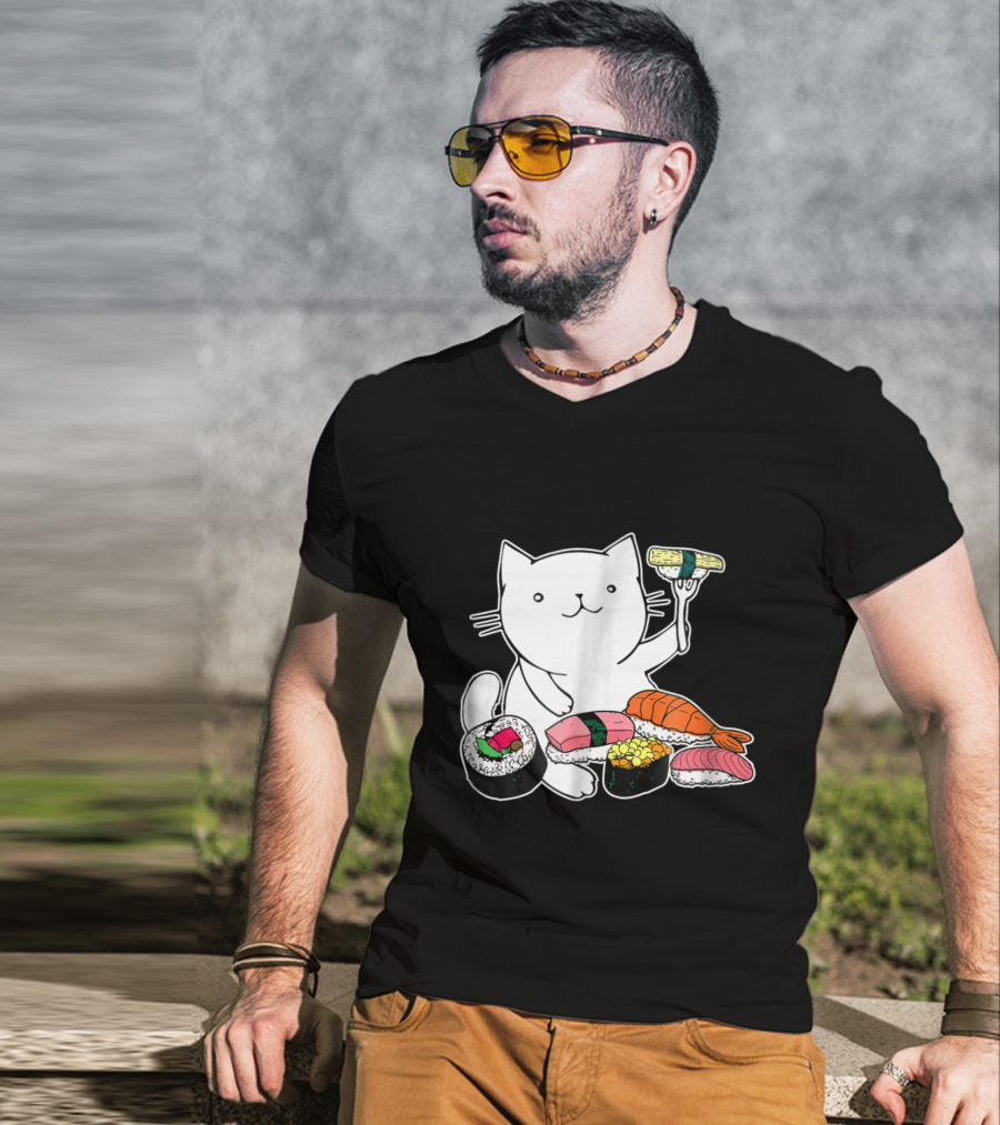 Playful Cat Enjoying Colorful Sushi Plate T-Shirt