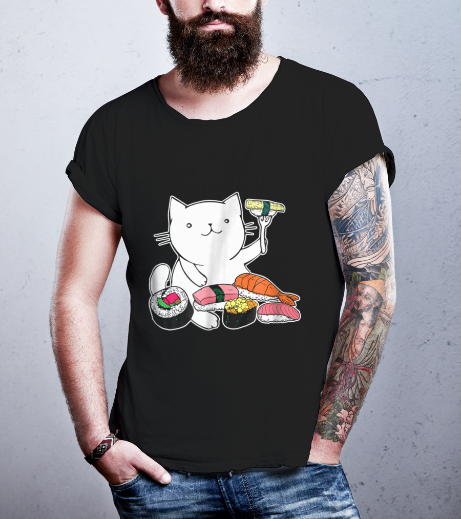 Playful Cat Enjoying Colorful Sushi Plate T-Shirt