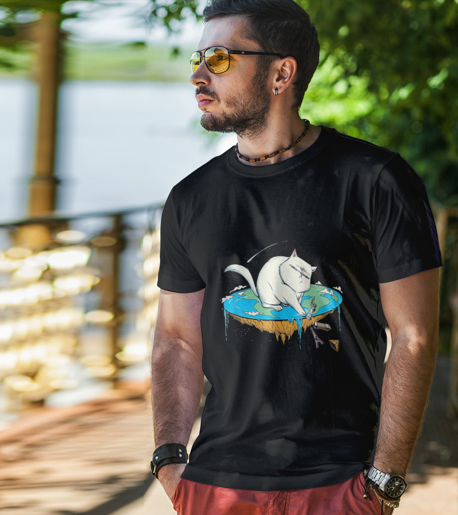 Cat Pawing Flat Earth With Iconic Landmarks For Humorous Cat Lovers T-Shirt