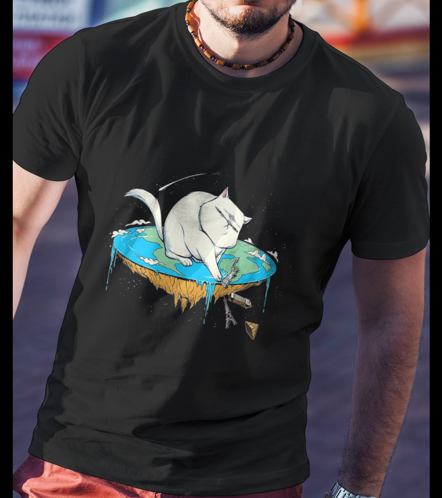 Cat Pawing Flat Earth With Iconic Landmarks For Humorous Cat Lovers T-Shirt