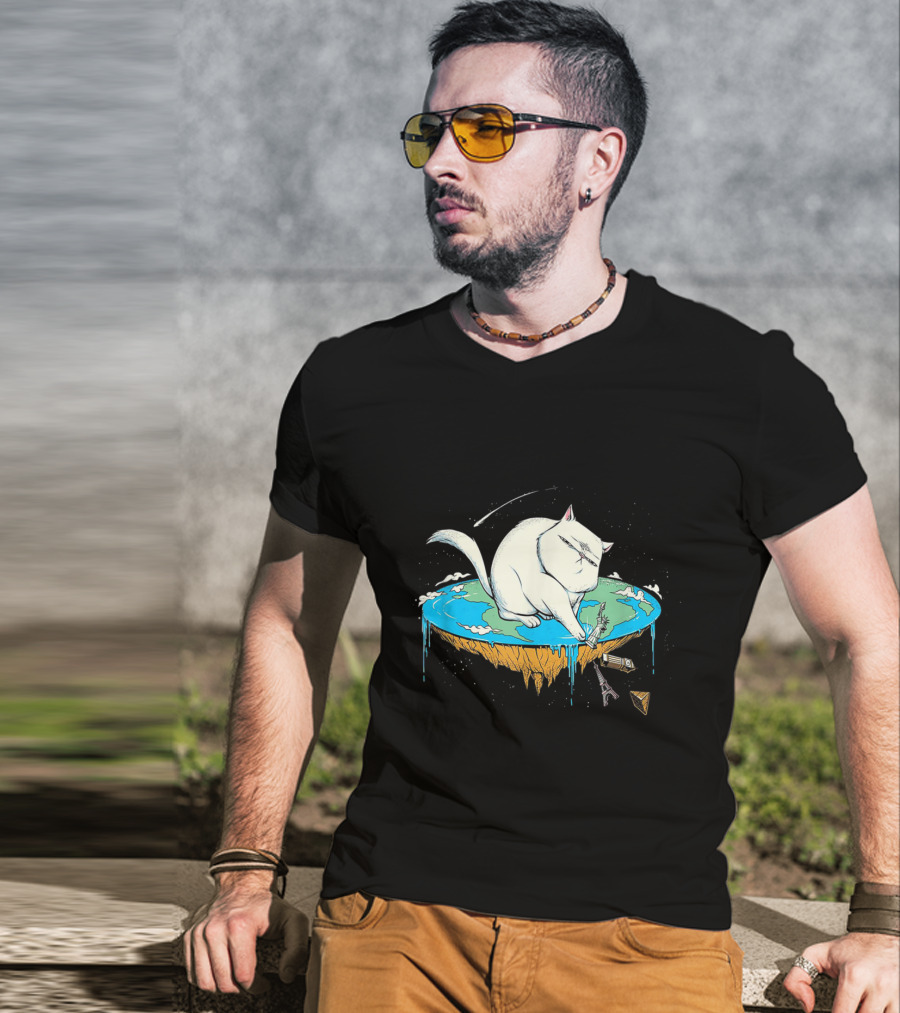 Cat Pawing Flat Earth With Iconic Landmarks For Humorous Cat Lovers T-Shirt