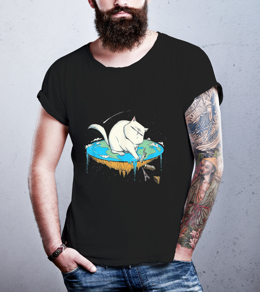Cat Pawing Flat Earth With Iconic Landmarks For Humorous Cat Lovers T-Shirt