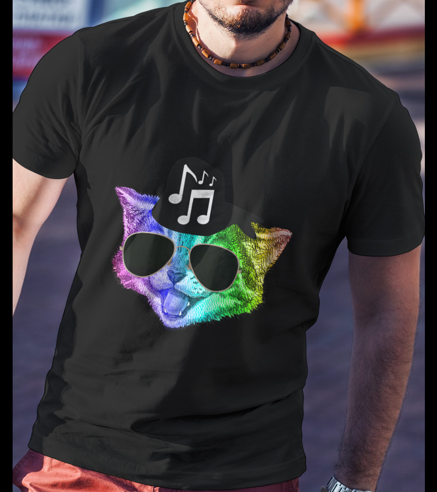 Colorful Rainbow DJ Music Kitty With Sunglasses And Hat For Feline Cat Lovers T-Shirt