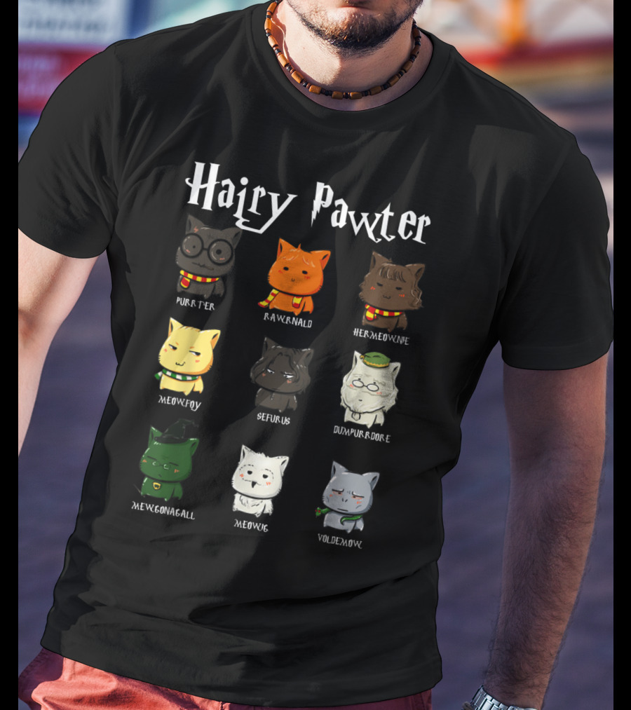 Hairy Pawter Purrter Rawrnald Hermeowne Meowfoy Seferus Dumblepurr Meowgonagall Meowg VoldeMew T-Shirt