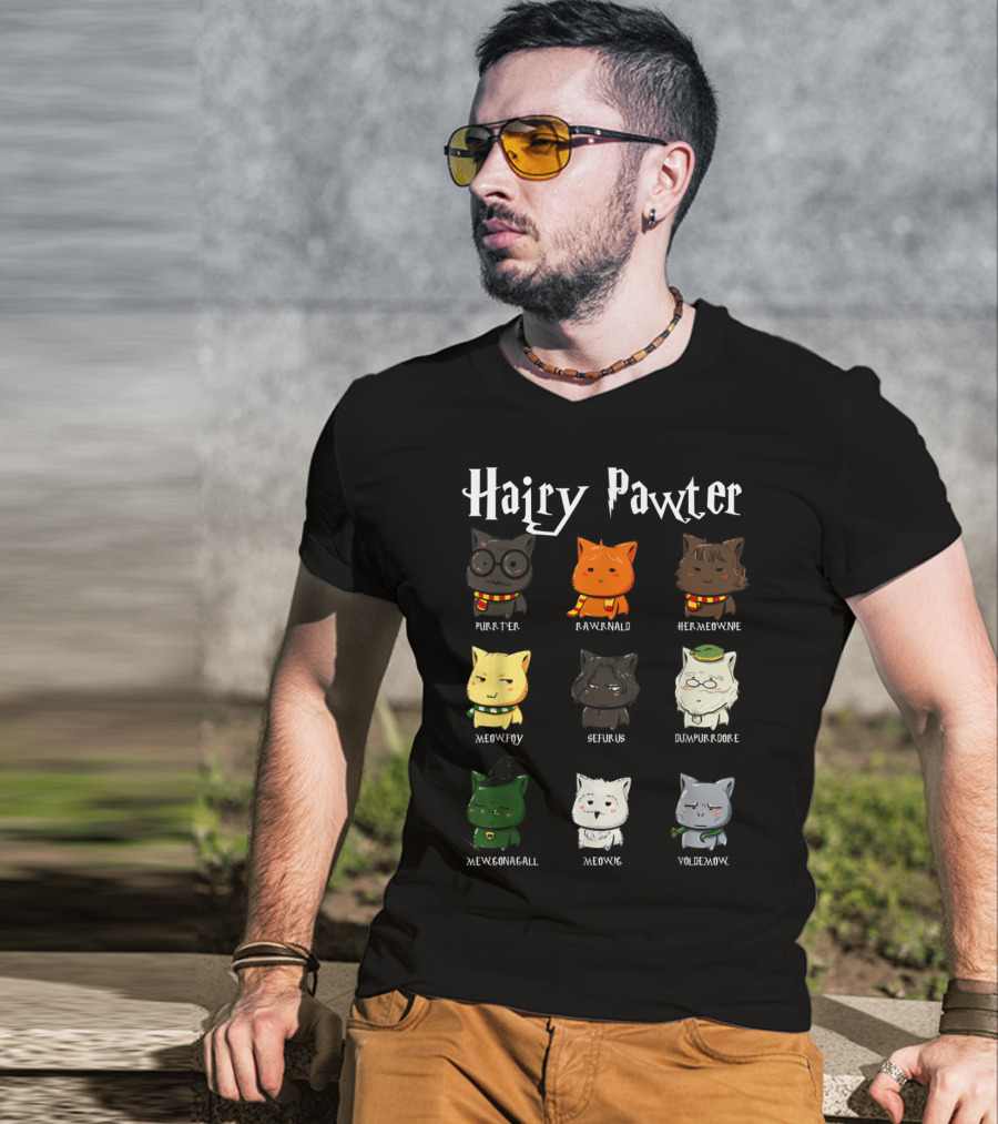 Hairy Pawter Purrter Rawrnald Hermeowne Meowfoy Seferus Dumblepurr Meowgonagall Meowg VoldeMew T-Shirt