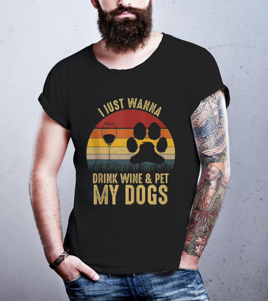 I Just Wanna Drink Wine And Pet My Dogs Retro Paw Print And Wine Glass Vintage Stripes T-Shirt
