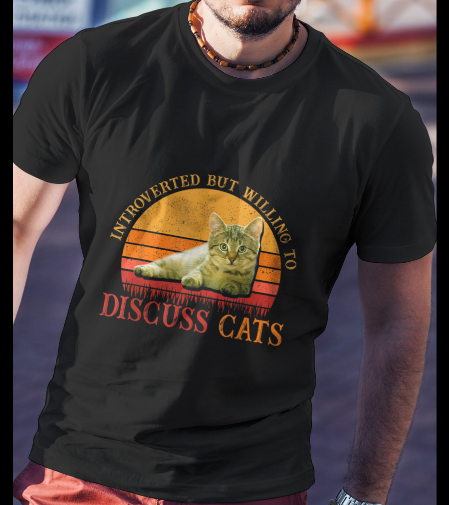 Introverted But Willing To Discuss Cats With Vintage Sunset Cat T-Shirt