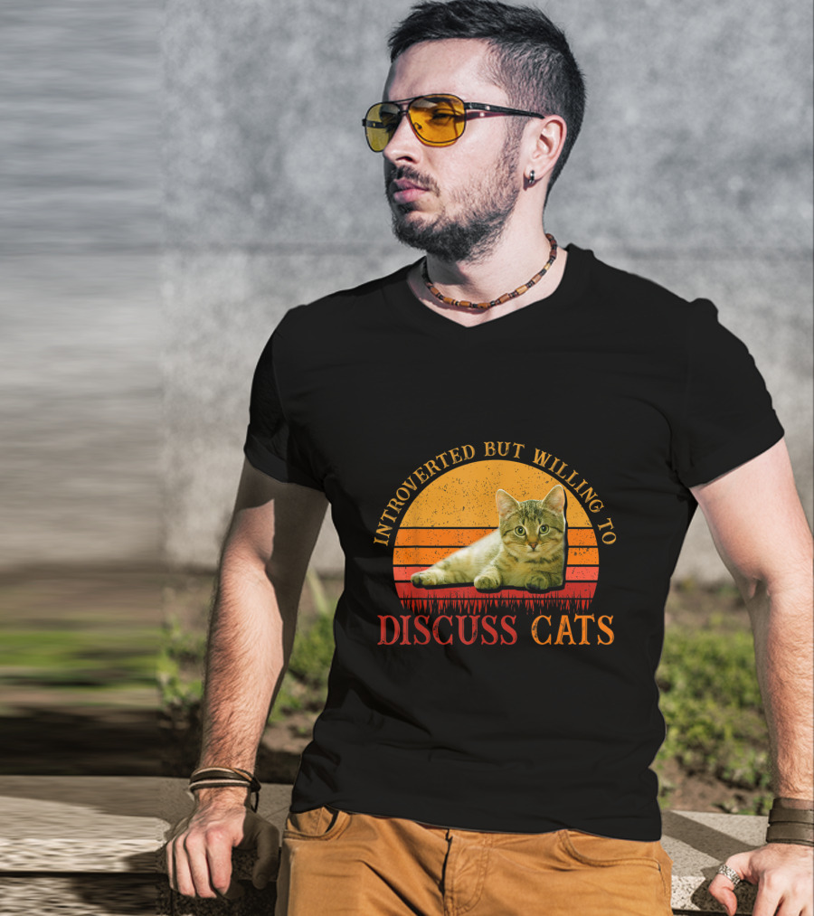 Introverted But Willing To Discuss Cats With Vintage Sunset Cat T-Shirt