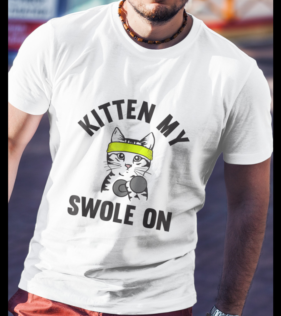 Kitten My Swole On Funny Cat Lover Gym Workout With Dumbbell And Neon Headband T-Shirt