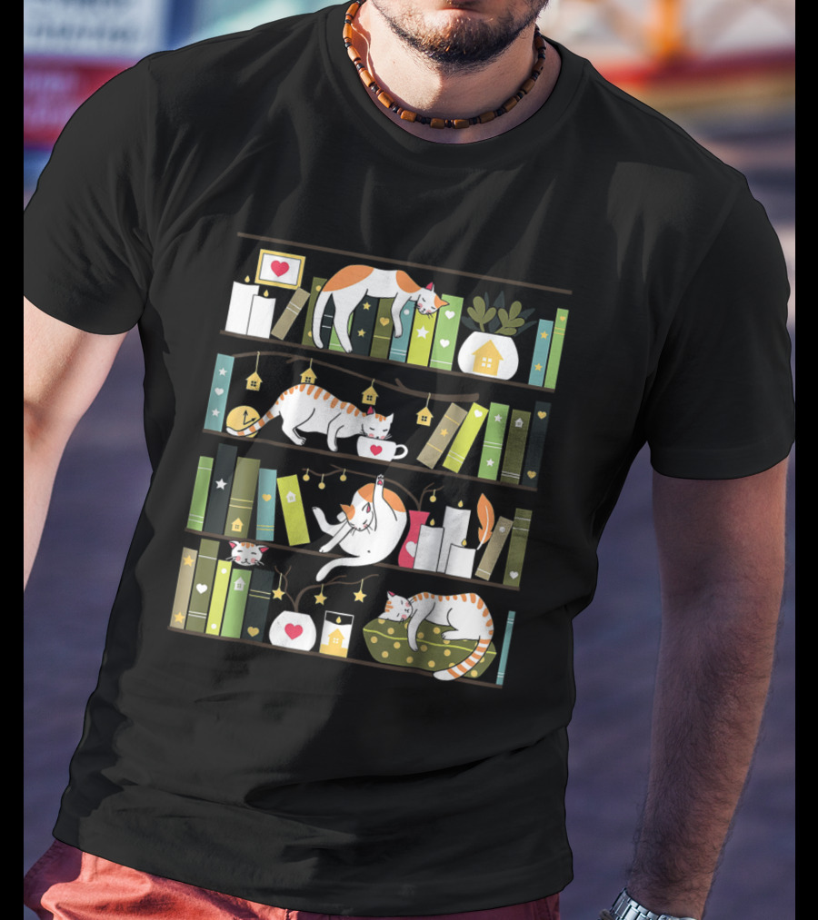 Library Cats Delightful Shelves Adorable Cats Book Lovers Day Charm T-Shirt