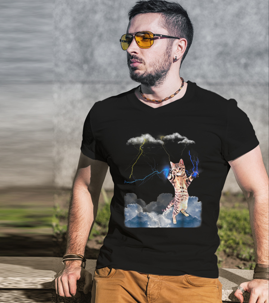 Lightning Cat With Stormy Clouds And Electric Bolts T-Shirt