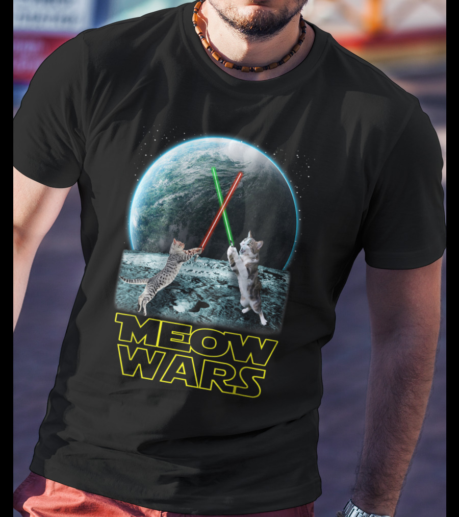 Meow Wars Funny Cats Lovers Galactic Duel With Light Sabers T-Shirt