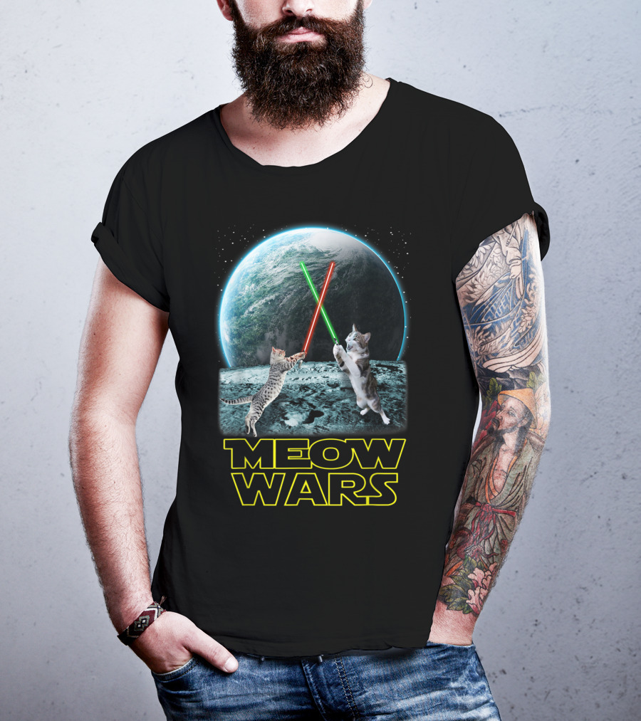Meow Wars Funny Cats Lovers Galactic Duel With Light Sabers T-Shirt