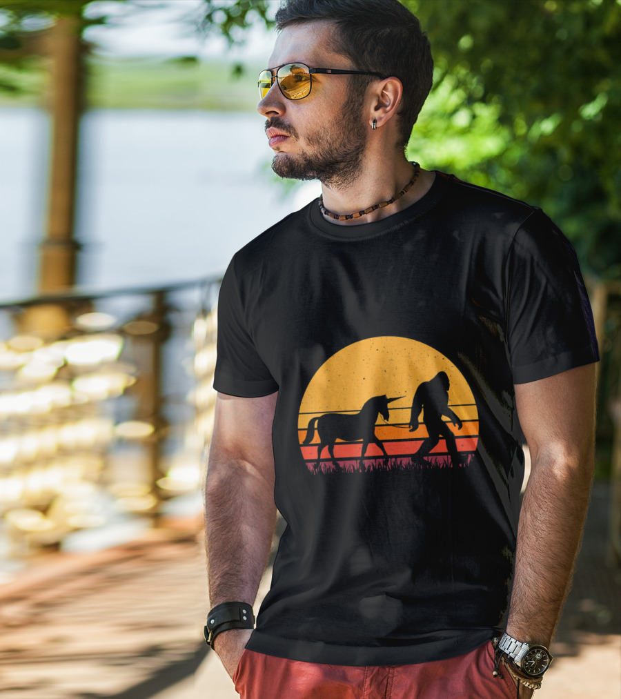 Bigfoot Sasquatch Walking Unicorn Retro Sunset T-Shirt