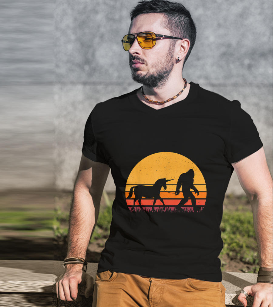Bigfoot Sasquatch Walking Unicorn Retro Sunset T-Shirt