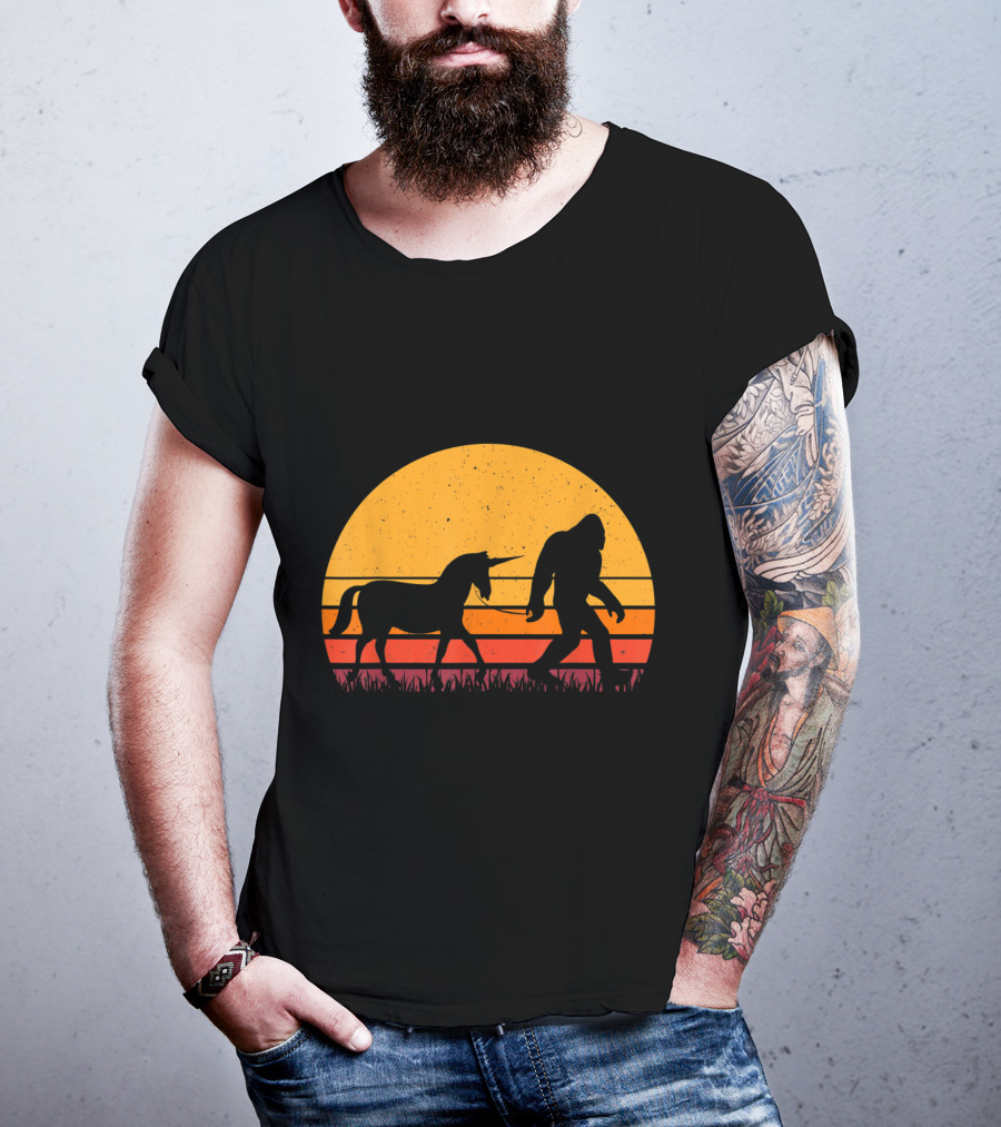 Bigfoot Sasquatch Walking Unicorn Retro Sunset T-Shirt