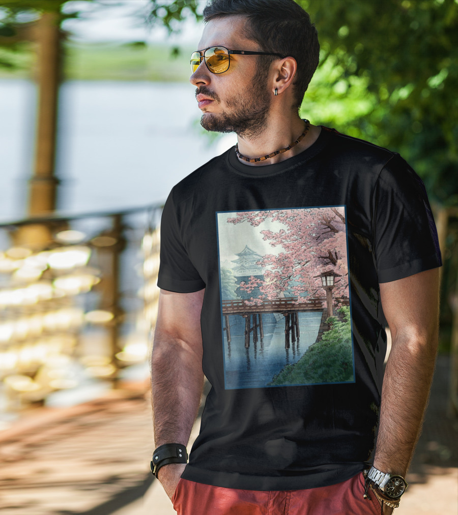 Japanese Cherry Blossom Woodblock Bridge And Pagoda Scene T-Shirt