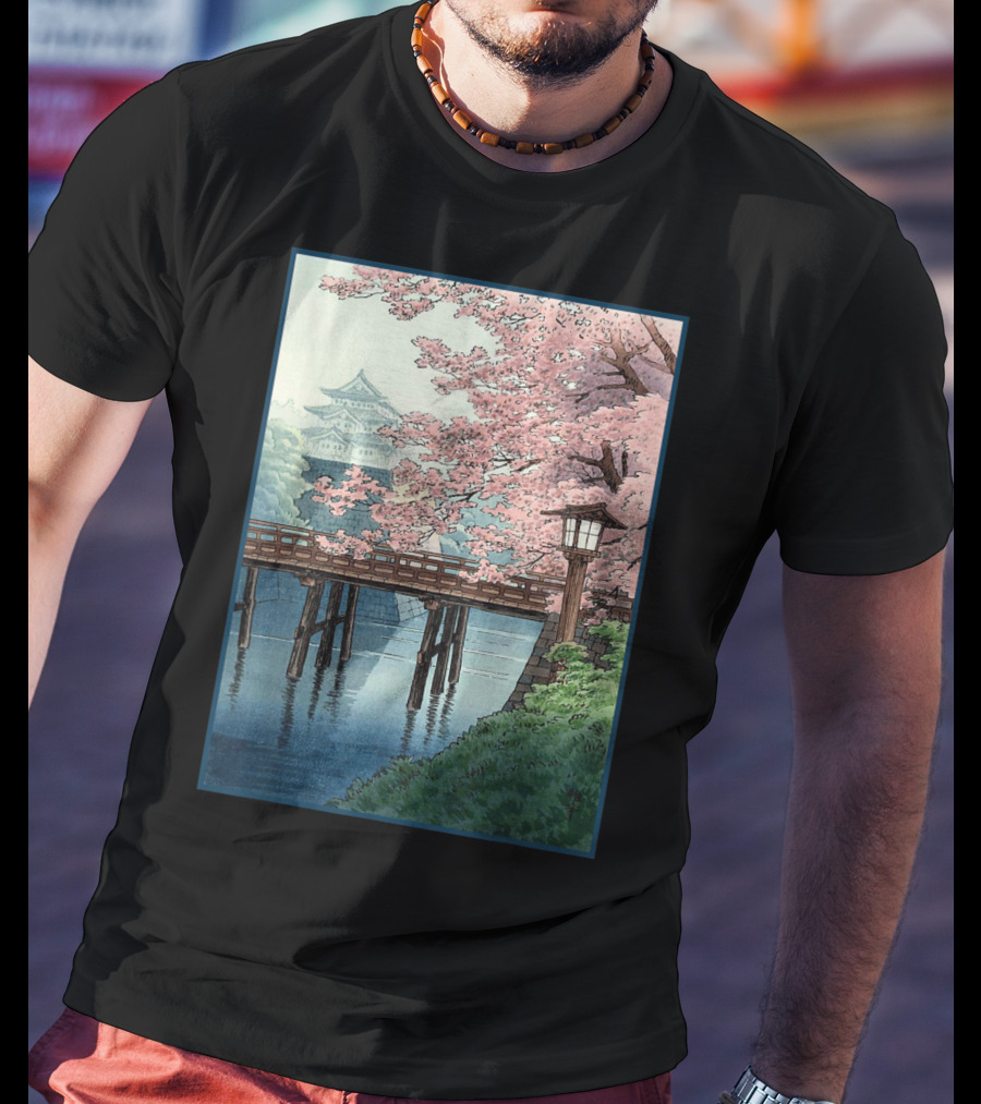 Japanese Cherry Blossom Woodblock Bridge And Pagoda Scene T-Shirt