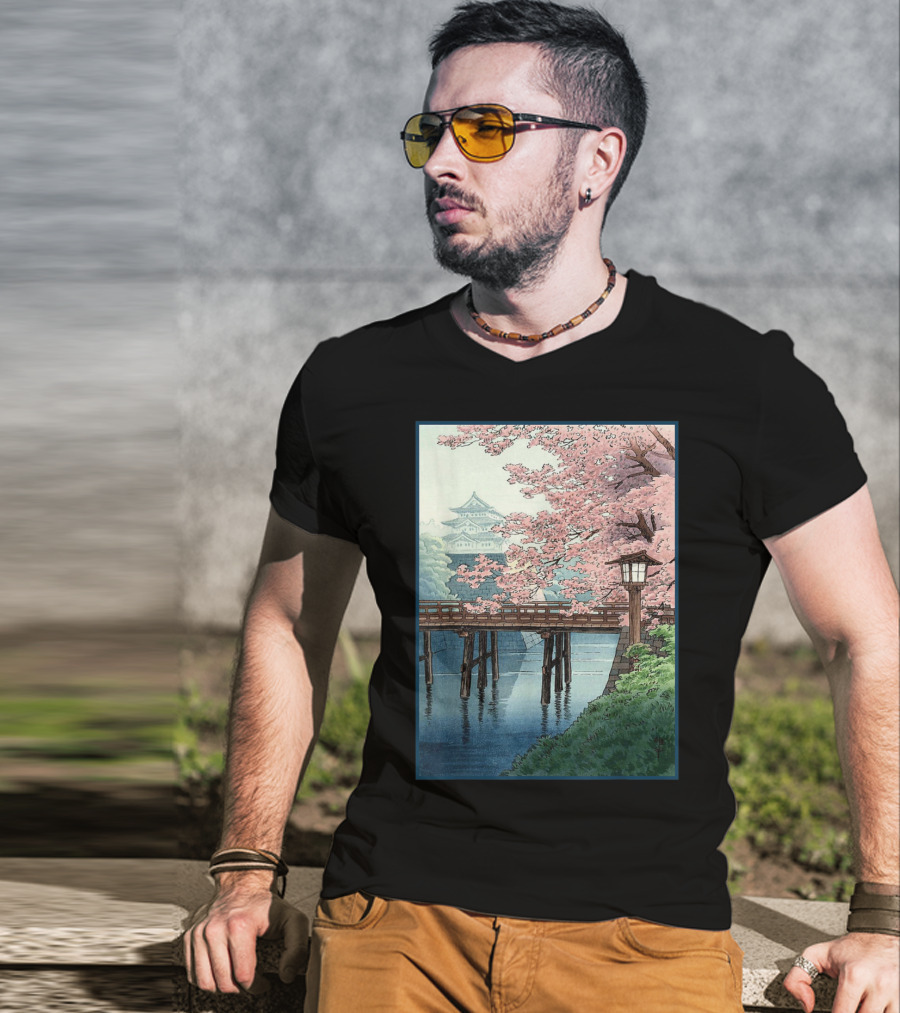 Japanese Cherry Blossom Woodblock Bridge And Pagoda Scene T-Shirt