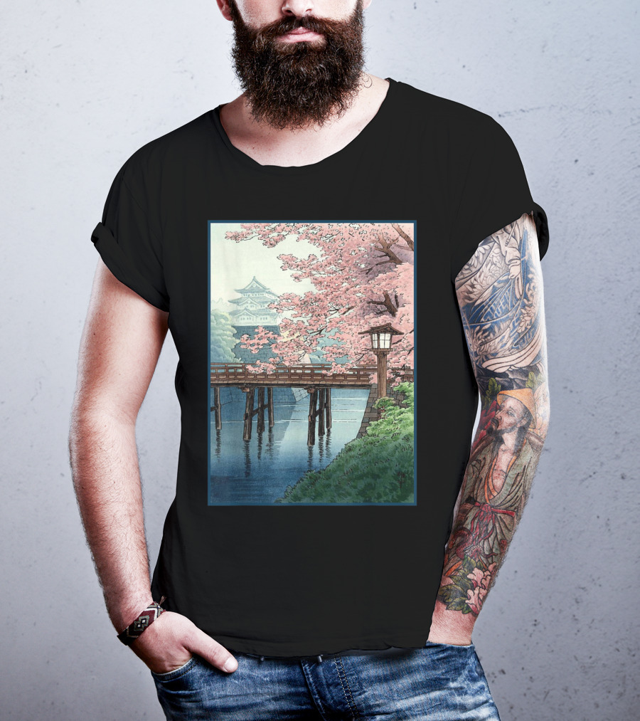 Japanese Cherry Blossom Woodblock Bridge And Pagoda Scene T-Shirt