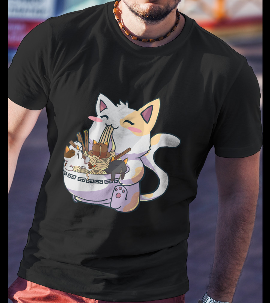 Kawaii Neko Cat With Ramen Bowl Anime Japanese Noodles And Chopsticks T-Shirt