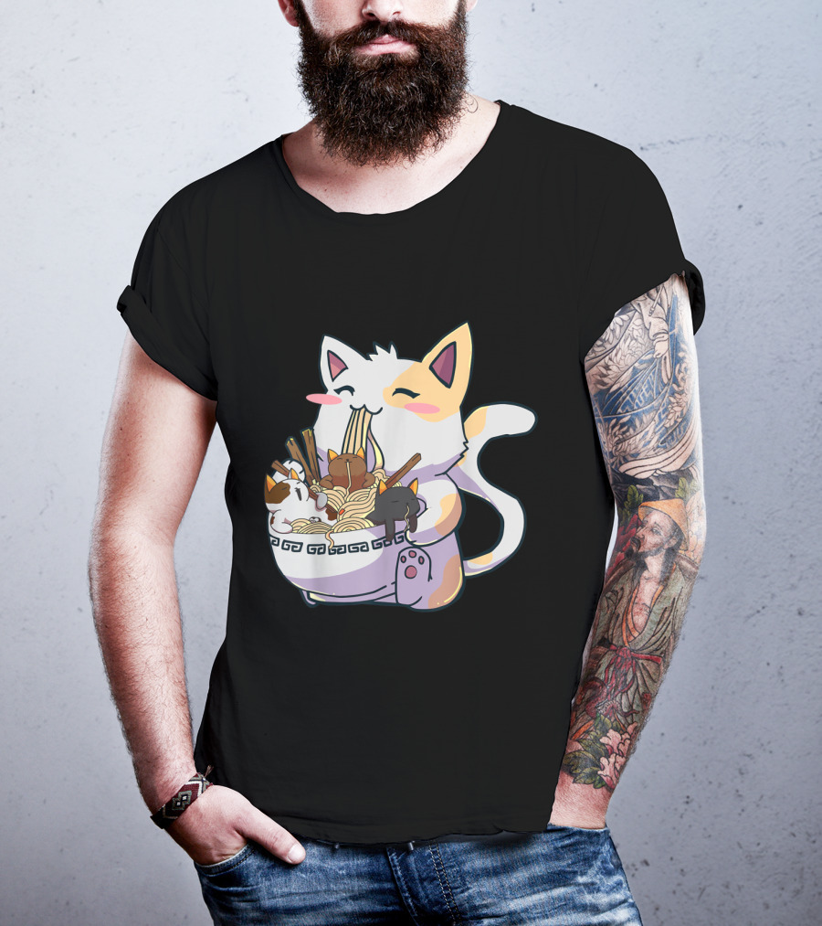 Kawaii Neko Cat With Ramen Bowl Anime Japanese Noodles And Chopsticks T-Shirt