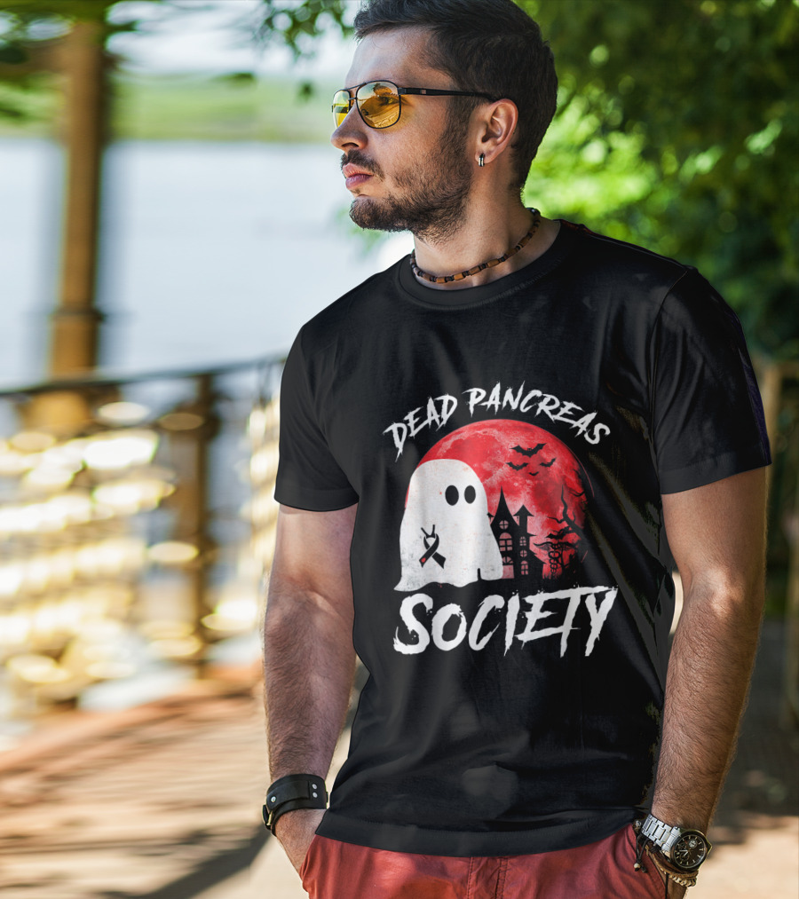 Dead Pancreas Society Halloween Ghost With Diabetes Awareness Ghostly Castle And Blood Moon T-Shirt