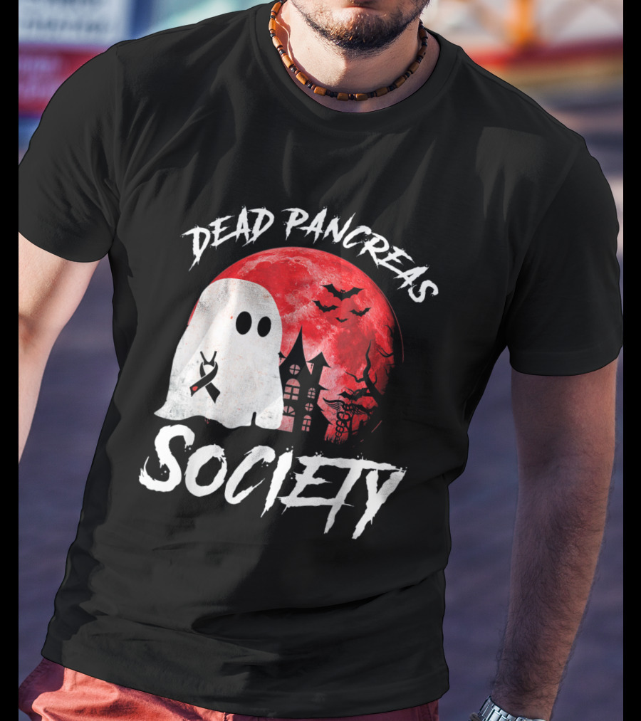 Dead Pancreas Society Halloween Ghost With Diabetes Awareness Ghostly Castle And Blood Moon T-Shirt