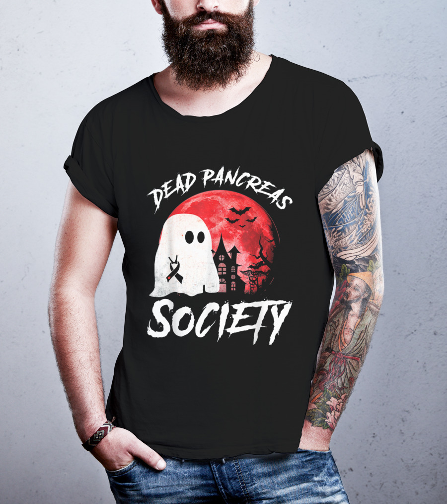 Dead Pancreas Society Halloween Ghost With Diabetes Awareness Ghostly Castle And Blood Moon T-Shirt
