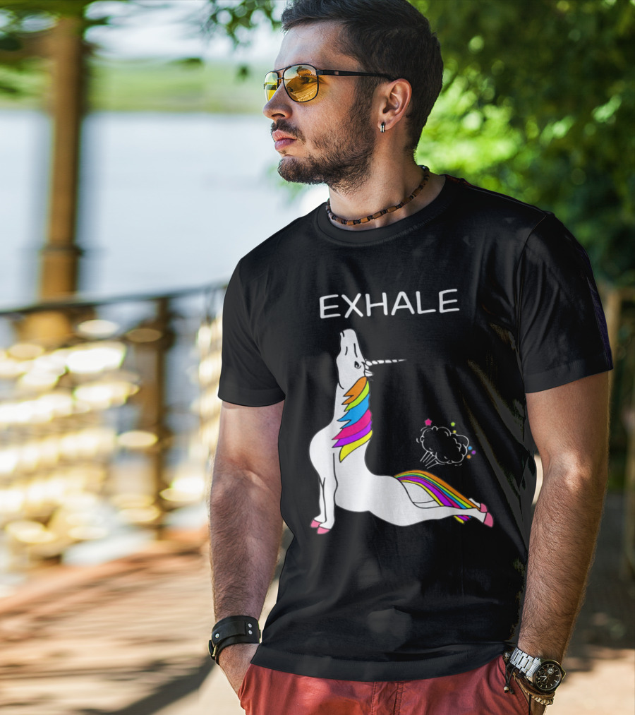 EXHALE Yoga Unicorn Funny Yoga Unicorn Exhale Fart Rainbow T-Shirt