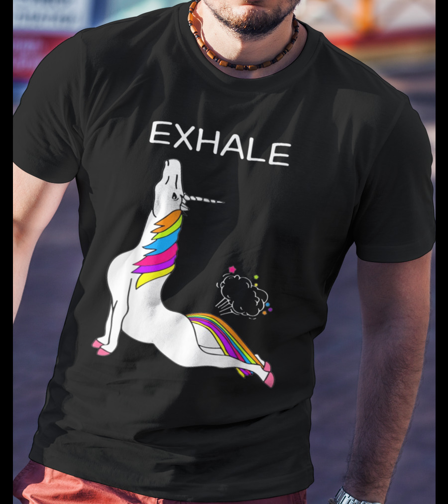 EXHALE Yoga Unicorn Funny Yoga Unicorn Exhale Fart Rainbow T-Shirt