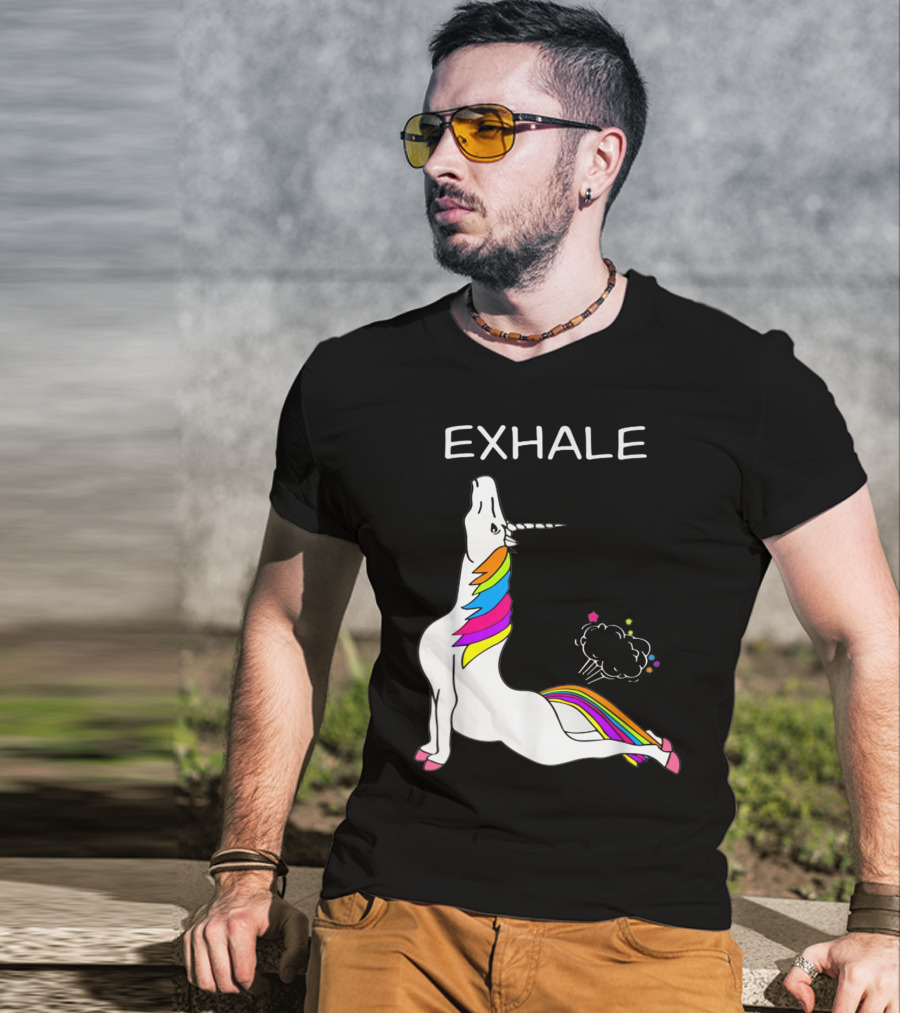 EXHALE Yoga Unicorn Funny Yoga Unicorn Exhale Fart Rainbow T-Shirt