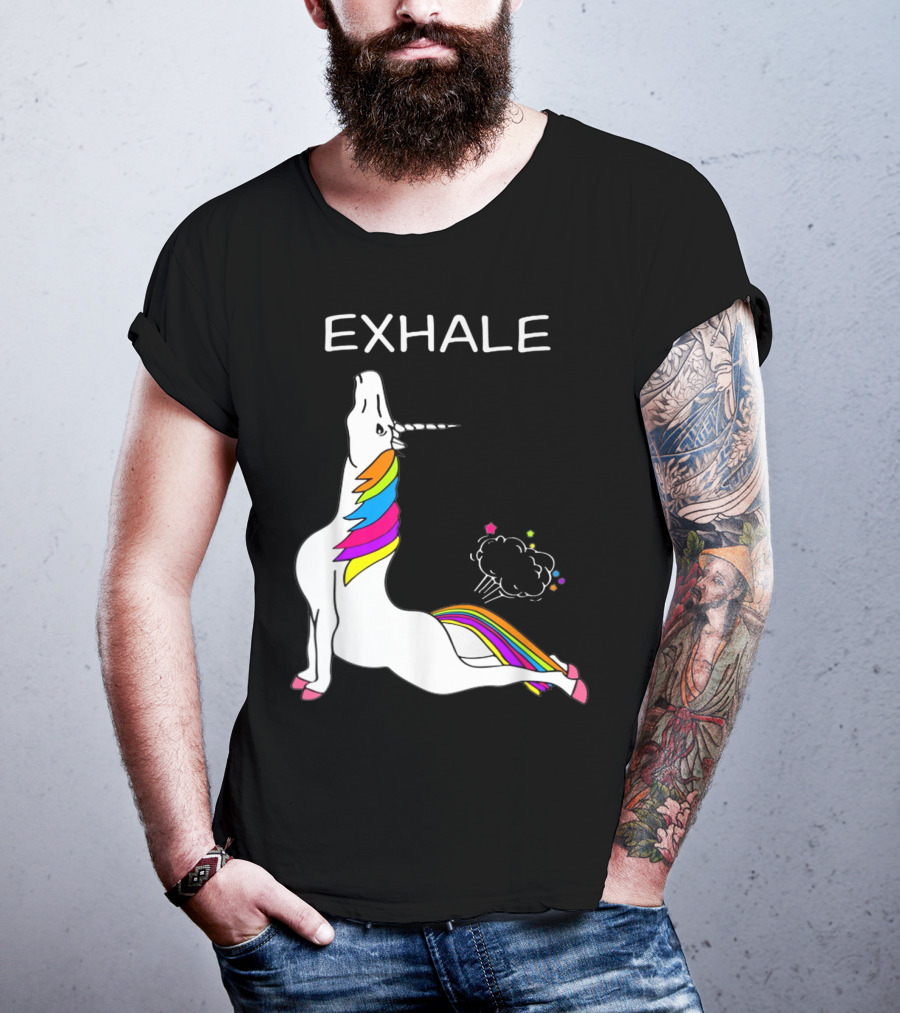 EXHALE Yoga Unicorn Funny Yoga Unicorn Exhale Fart Rainbow T-Shirt