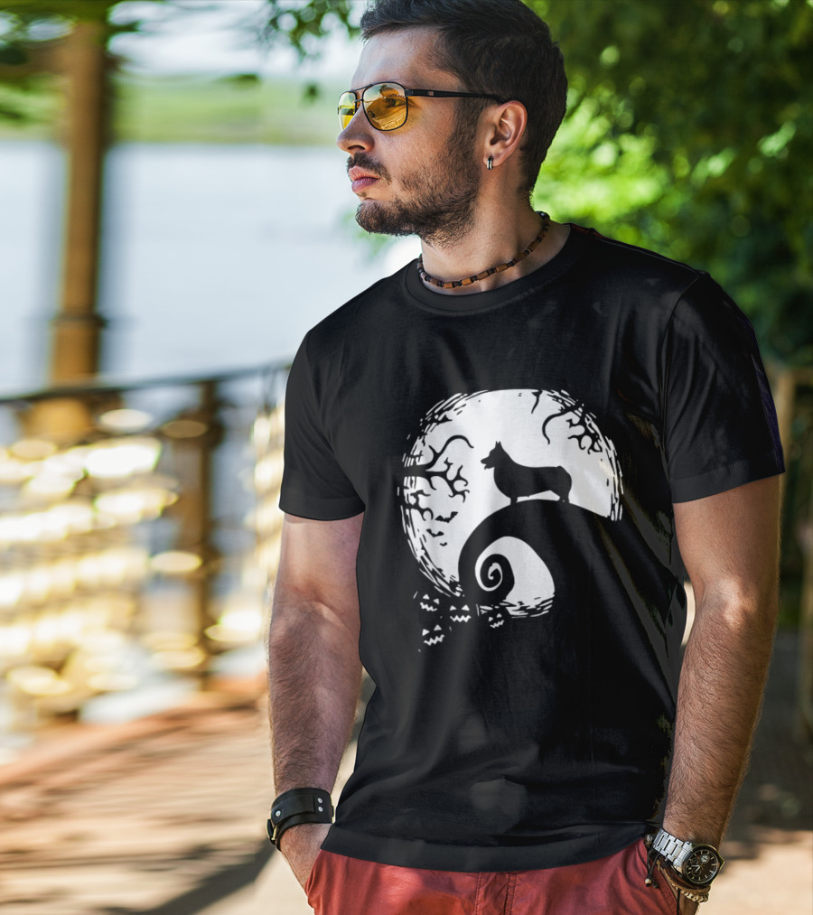 Cardigan Welsh Corgi Howling On Spiraled Hill Under Full Moon With Creepy Trees And Bats T-Shirt