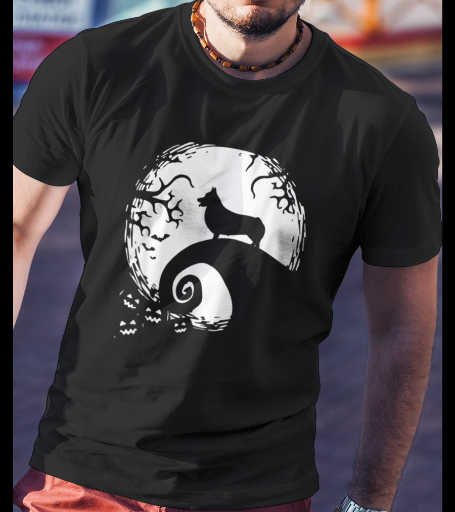 Cardigan Welsh Corgi Howling On Spiraled Hill Under Full Moon With Creepy Trees And Bats T-Shirt