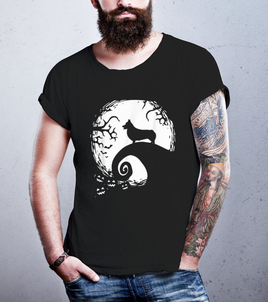 Cardigan Welsh Corgi Howling On Spiraled Hill Under Full Moon With Creepy Trees And Bats T-Shirt