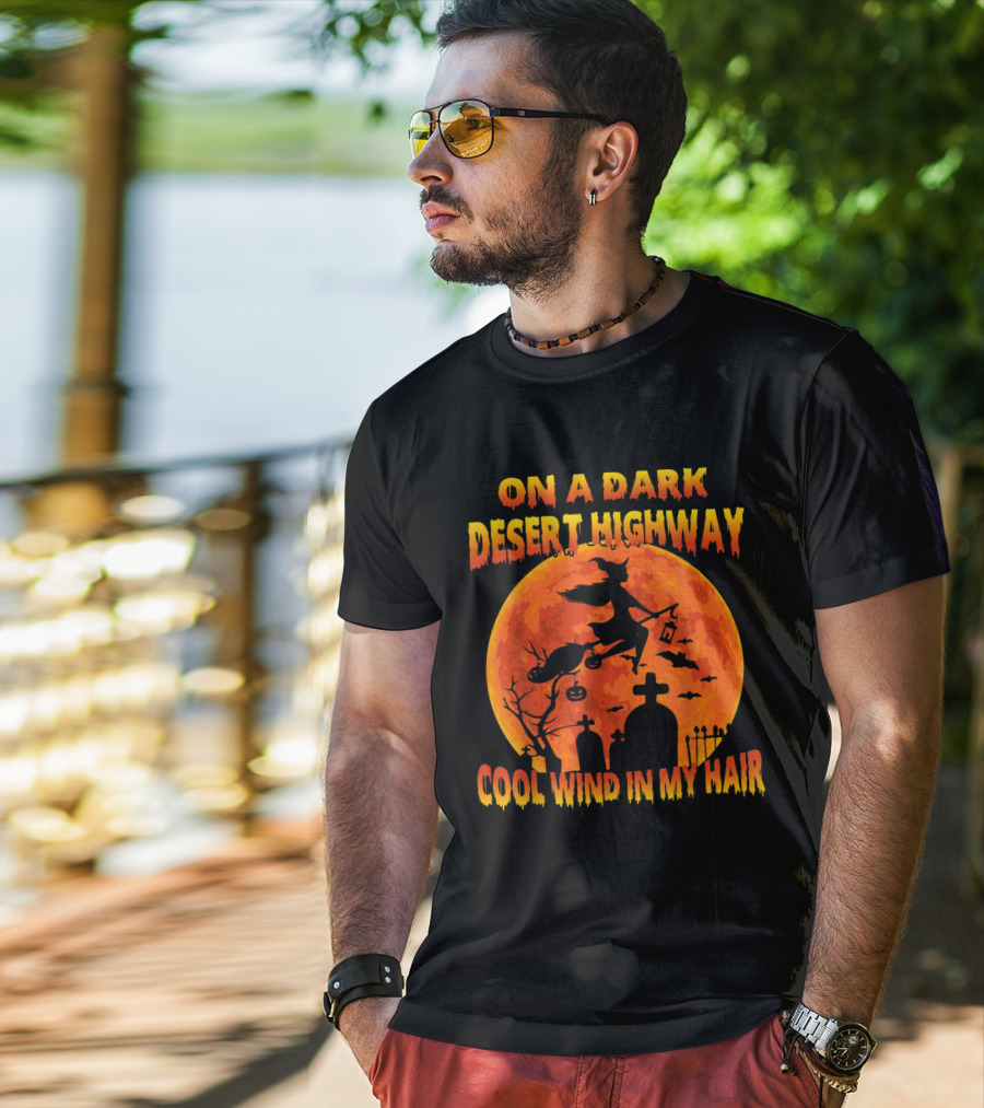 On A Dark Desert Highway Cool Wind In My Hair Witch Flying Over Graveyard And Halloween Moon T-Shirt