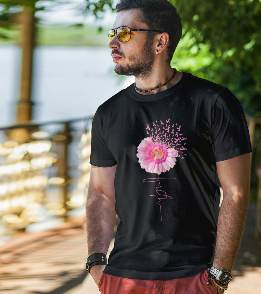 Faith Pink Ribbon Daisy Breast Cancer Awareness T-Shirt