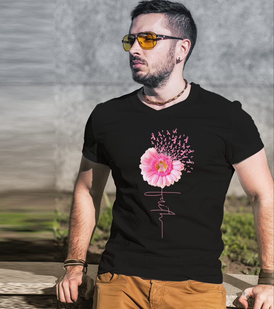 Faith Pink Ribbon Daisy Breast Cancer Awareness T-Shirt