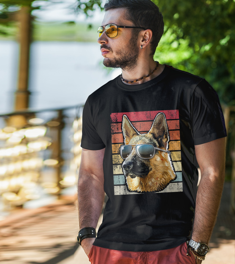 Retro Vintage German Shepherd Dog Sunglasses Stripes T-Shirt
