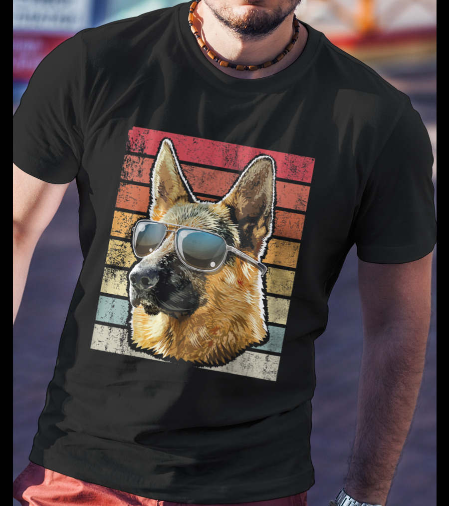 Retro Vintage German Shepherd Dog Sunglasses Stripes T-Shirt