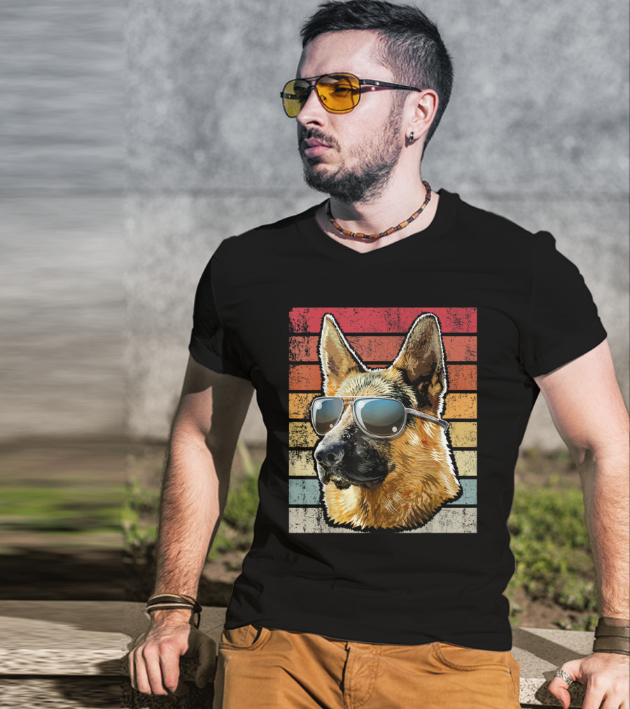 Retro Vintage German Shepherd Dog Sunglasses Stripes T-Shirt
