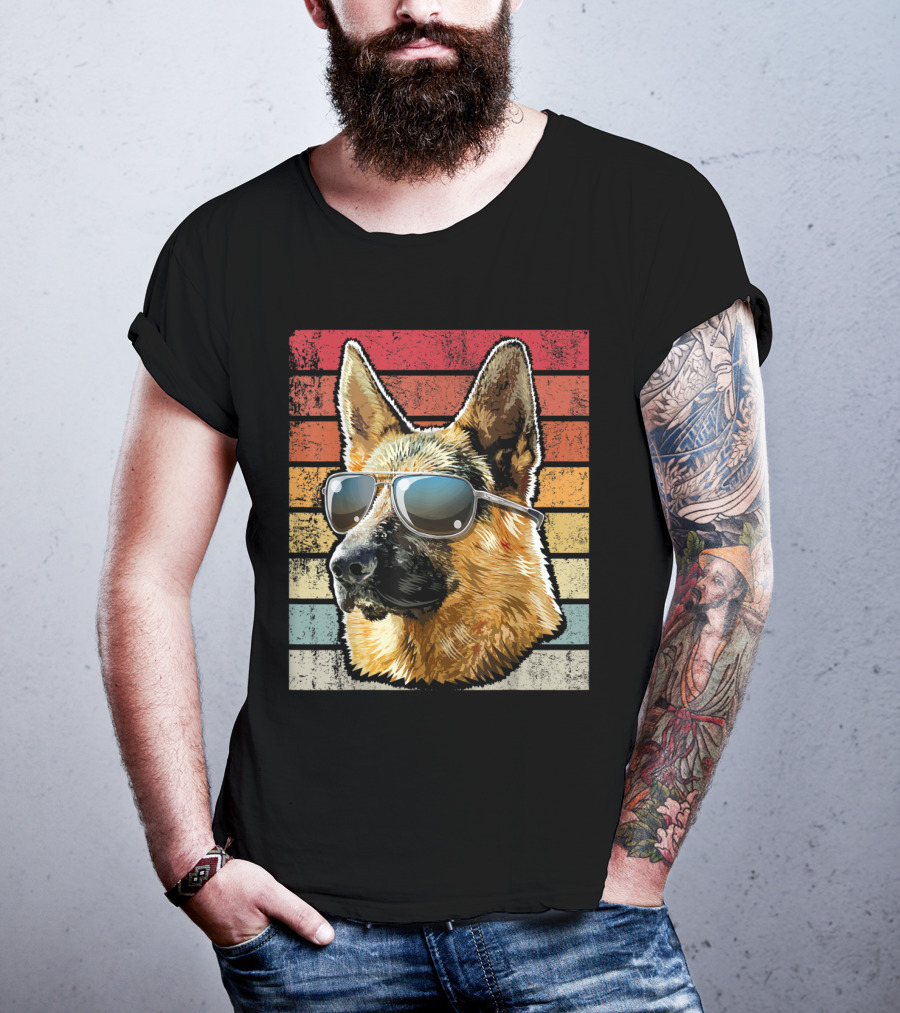 Retro Vintage German Shepherd Dog Sunglasses Stripes T-Shirt