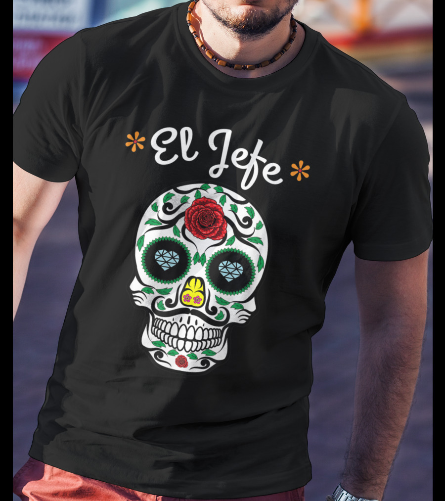 El Jefe Dia De Los Muertos Sugar Skull Art Featuring Floral And Rose Accents T-Shirt