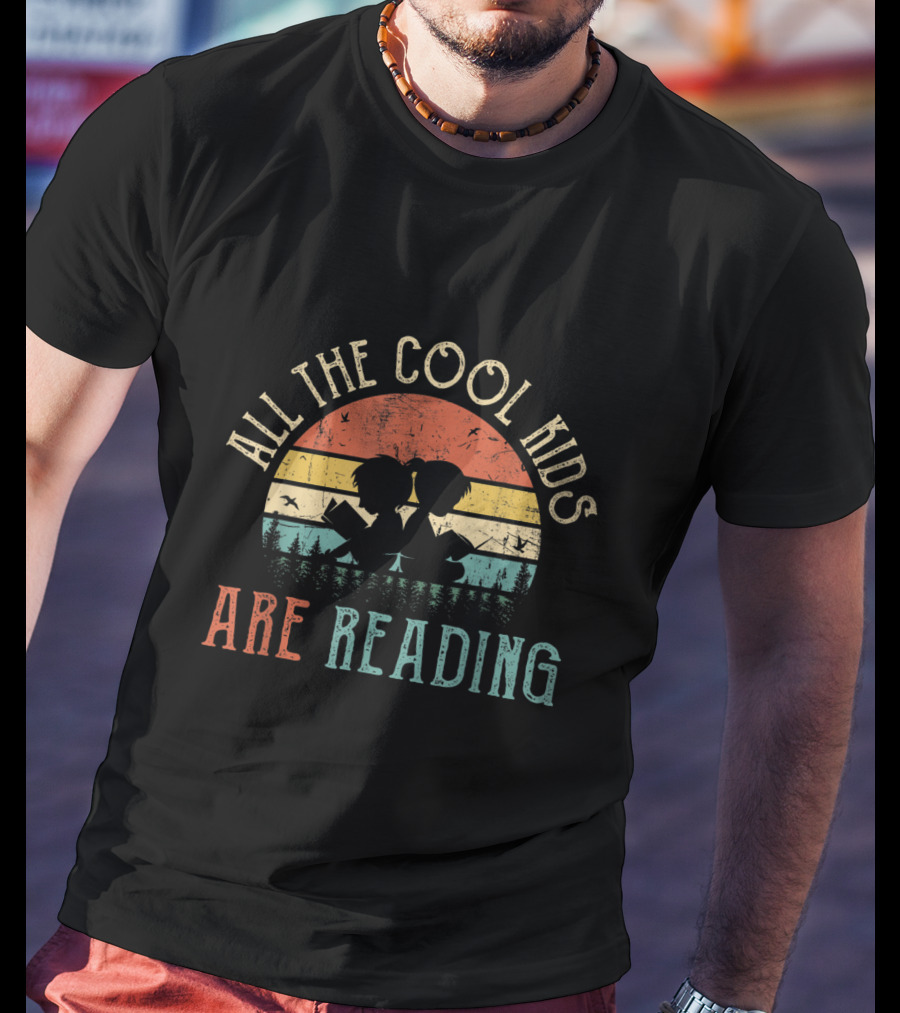 All The Cool Kids Are Reading Vintage Retro Sunset With Silhouette Forest And Children Holding Books T-Shirt